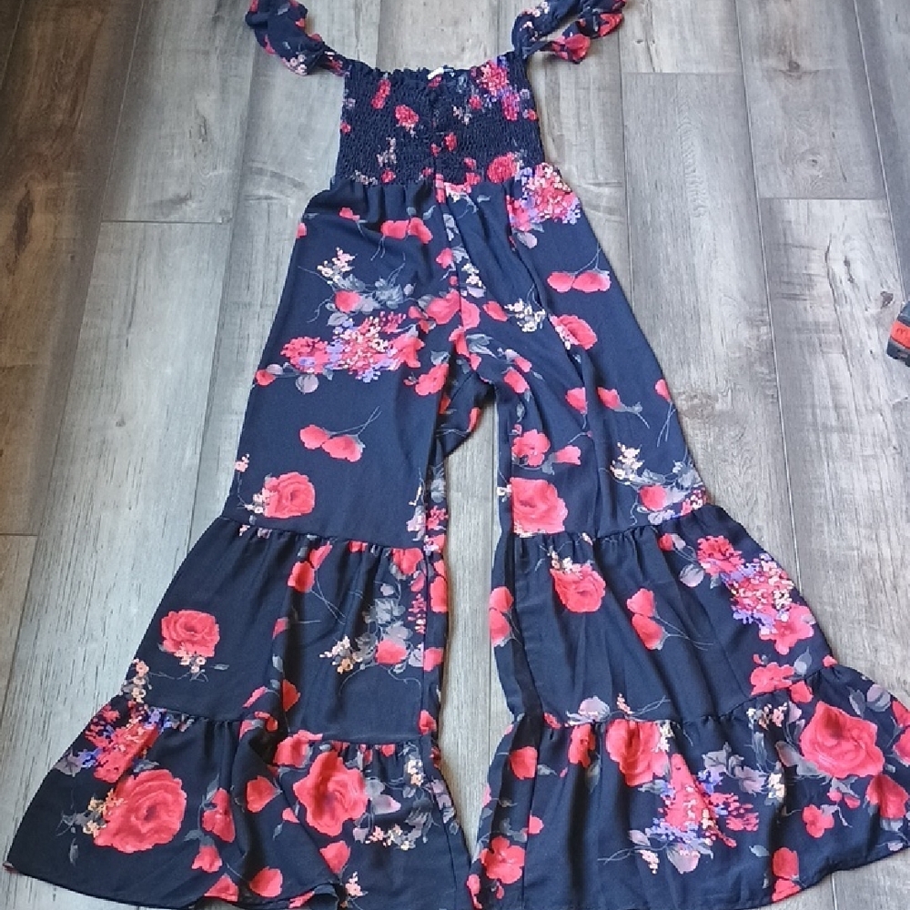 Floral Off-Shoulder Jumpsuit - Navy and Red